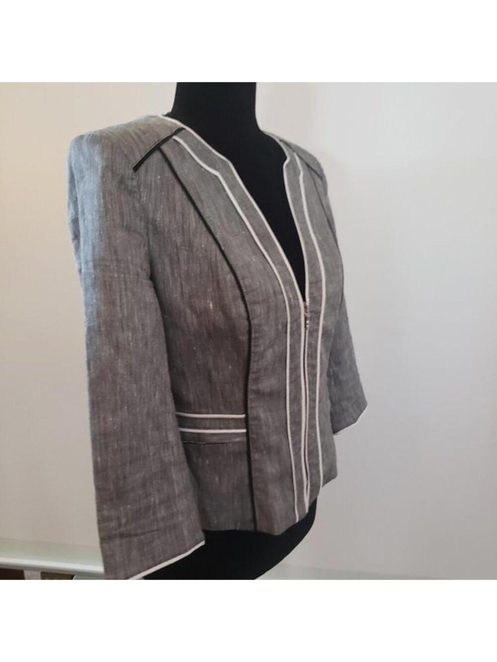 EUC WHBM 3/4 sleeve blazer linen mix gray piping 6